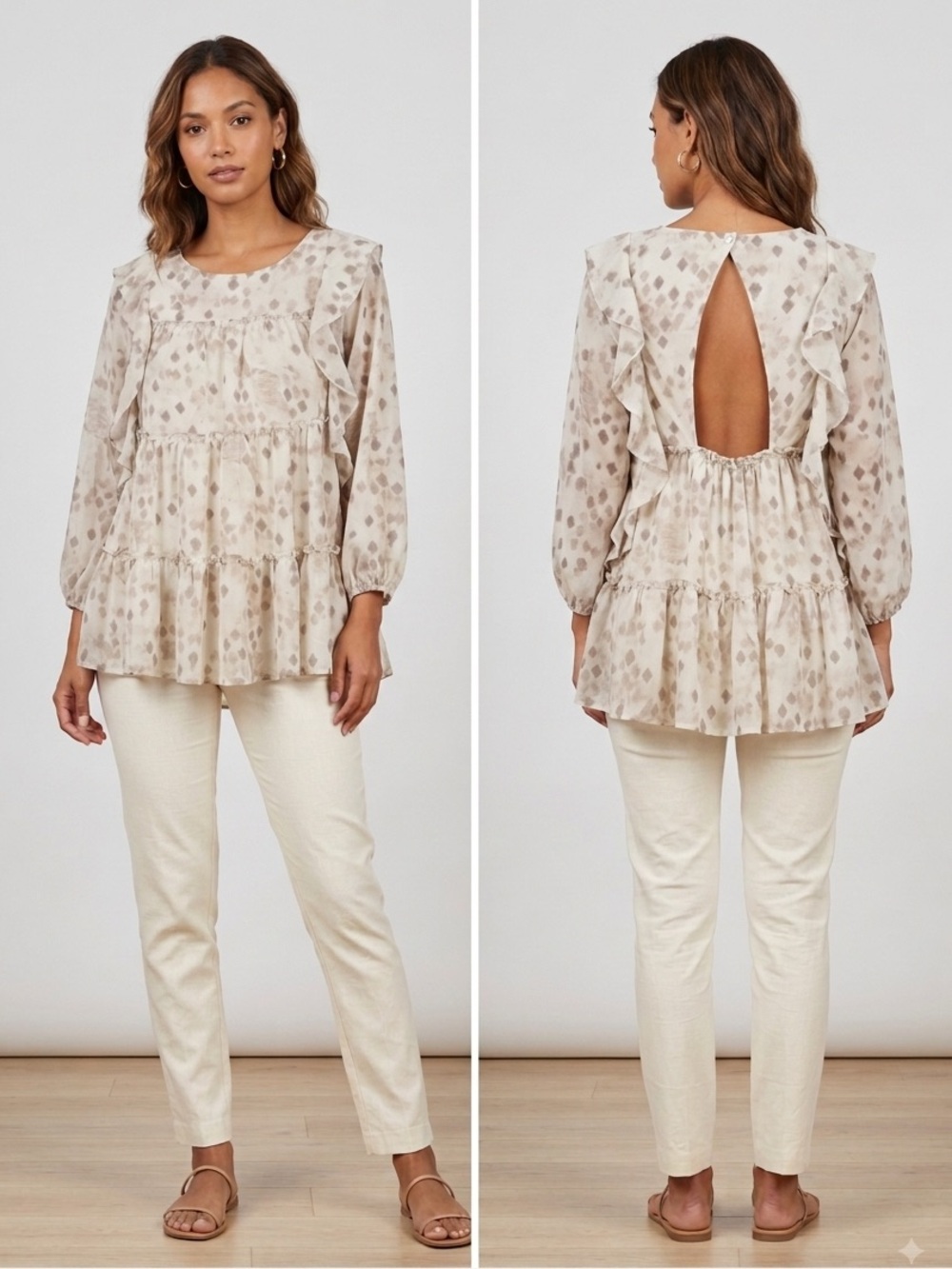 Entro Diamond Print Ruffle Tiered Open Back Top Blouse Small Boho NWT